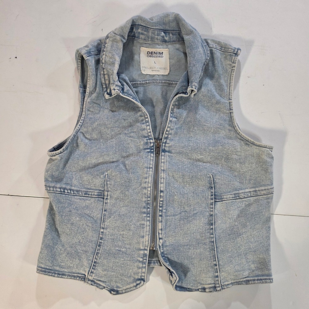 Denim Obsessed Project Rebel Light Wash Acid Zip Up Denim Vest Large